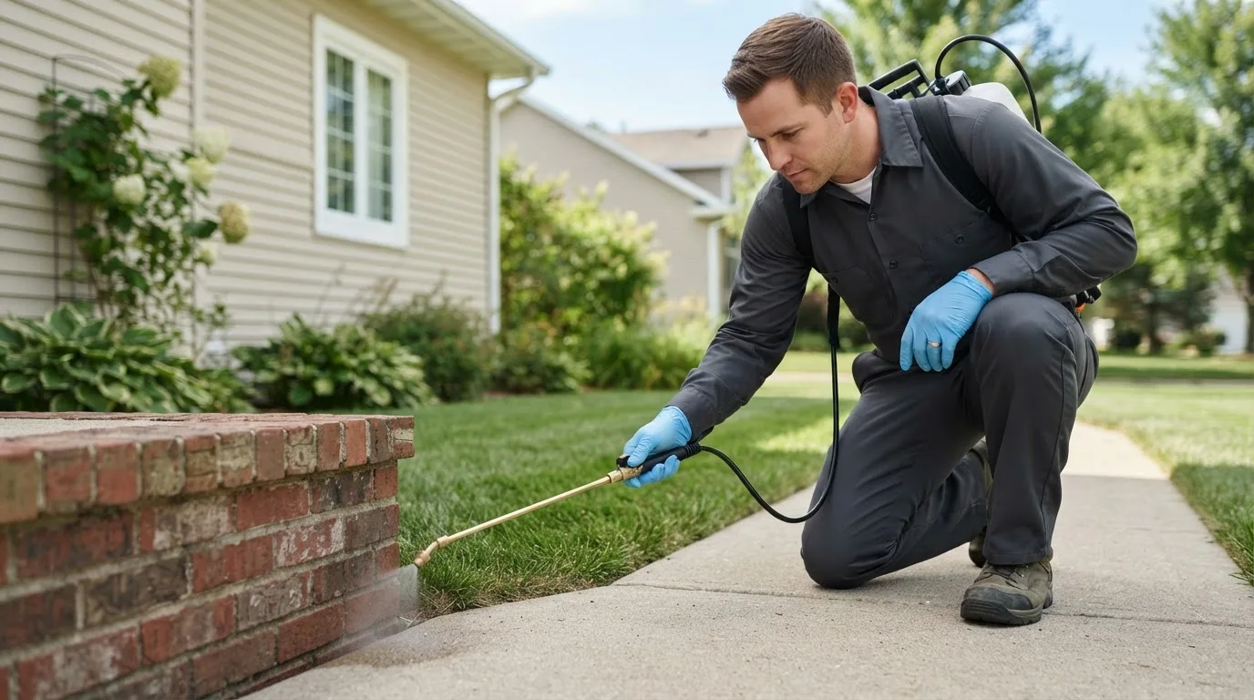 Pest control technician treating a home near Oak City, NC